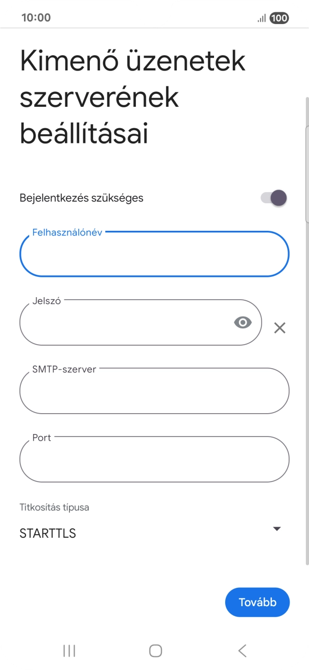 Kattints a „Jelszó” alatti mezőre, és írd be az e-mail szolgáltatód kimenő szerverének jelszavát.