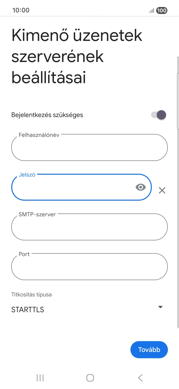 Kattints az „SMTP-szerver” alatti mezőre, és írd be az e-mail szolgáltatód kimenő szerverének a nevét.