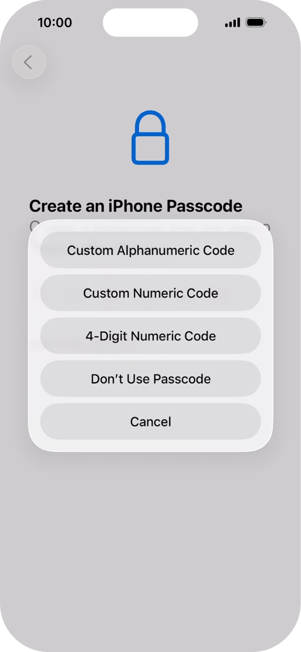 Follow the instructions on the screen to turn on the lock code or press Don't Use Passcode.