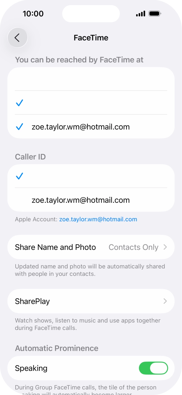Press the required setting below 'You can be reached by FaceTime at'. Press the required setting below 'You can be reached by FaceTime at'.