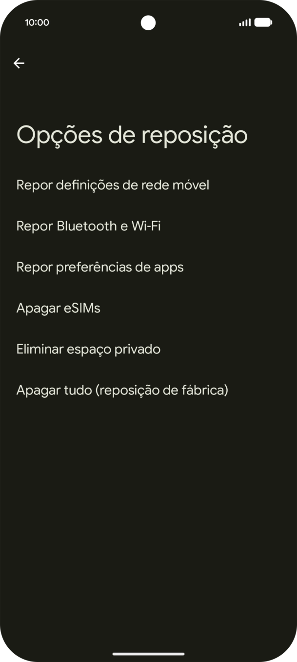 Prima Apagar tudo (reposição de fábrica).