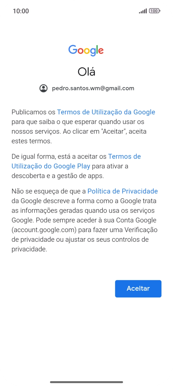 Prima Aceitar e siga as indicações no ecrã para escolher as definições da conta Google.