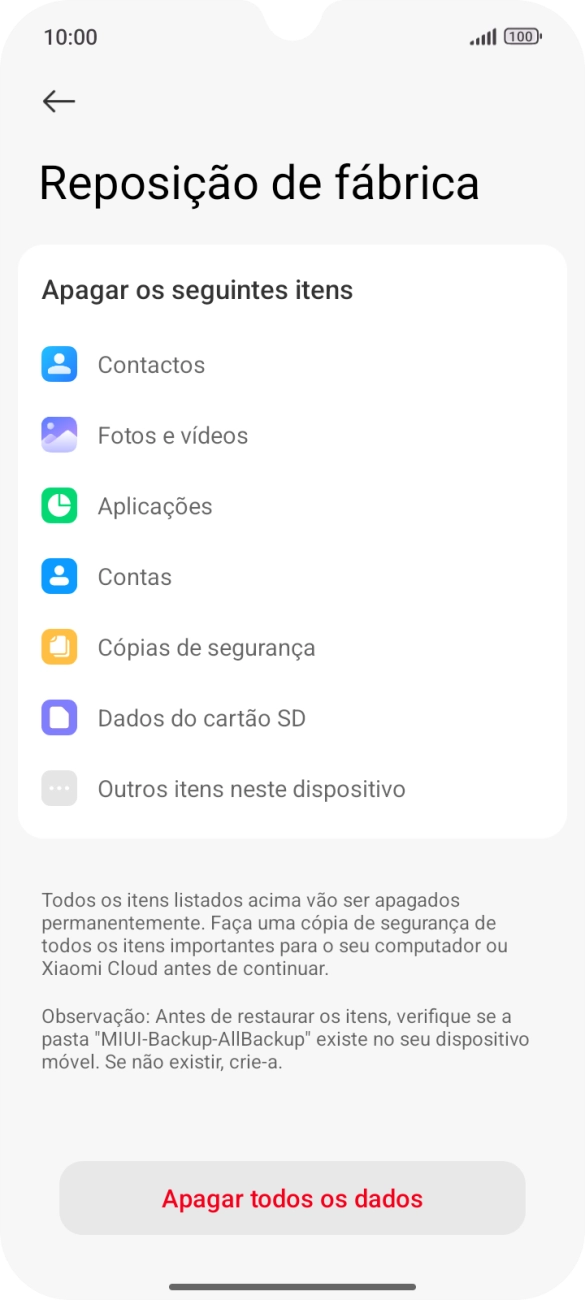 Prima Apagar todos os dados.