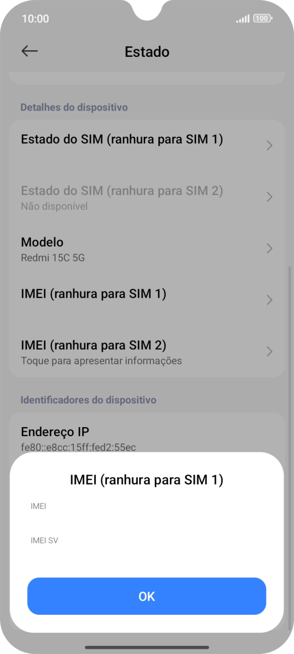 O código IMEI é mostrado no ecrã.