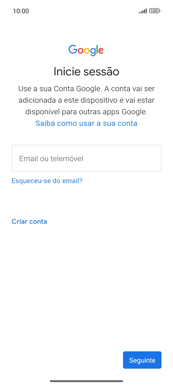 Se não tiver uma conta Google, prima Criar conta e siga as indicações no ecrã para criar uma conta.
