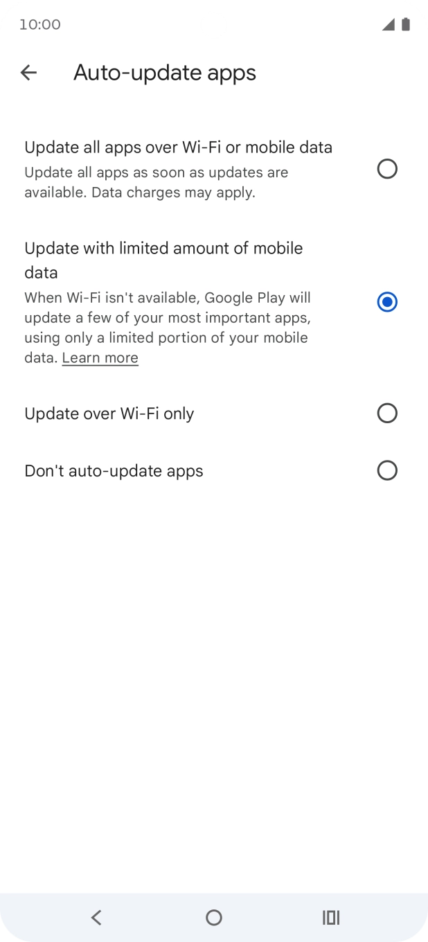 To turn on automatic update of apps using mobile network, press Update all apps over Wi-Fi or mobile data. To turn on automatic update of apps using mobile network, press Update all apps over Wi-Fi or mobile data.
