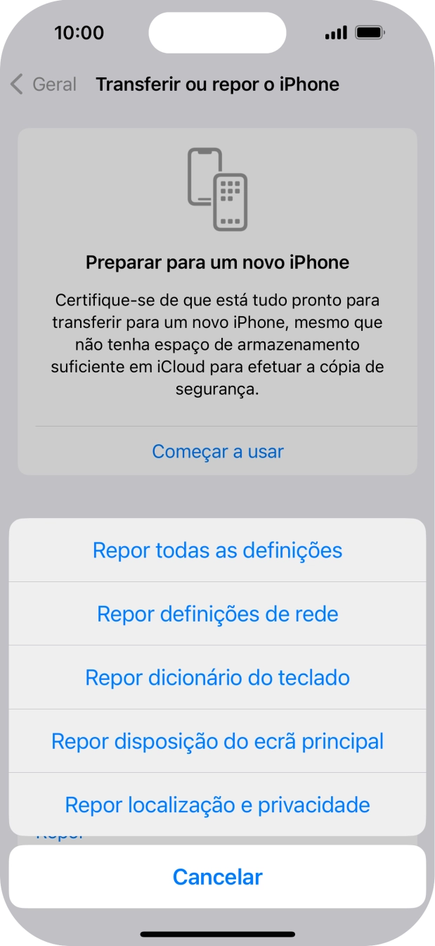 Prima Repor definições de rede.