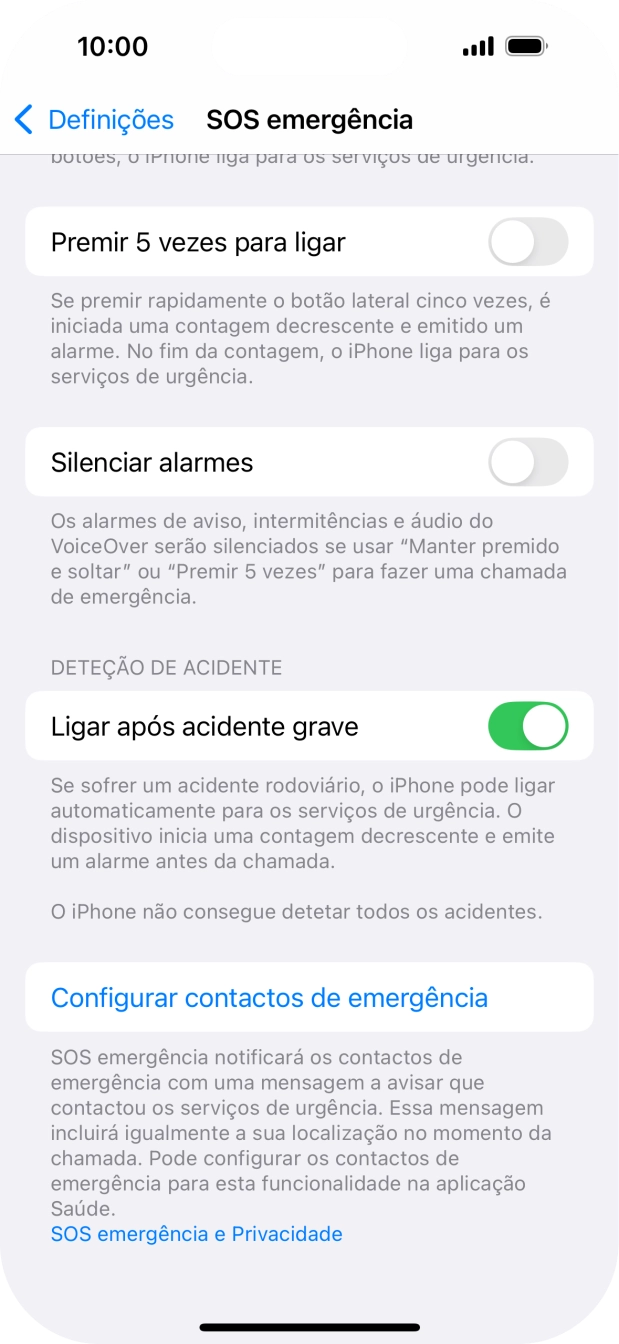 Prima Configurar contactos de emergência e siga as indicações no ecrã para introduzir a sua informação de emergência e os seus contactos de emergência.