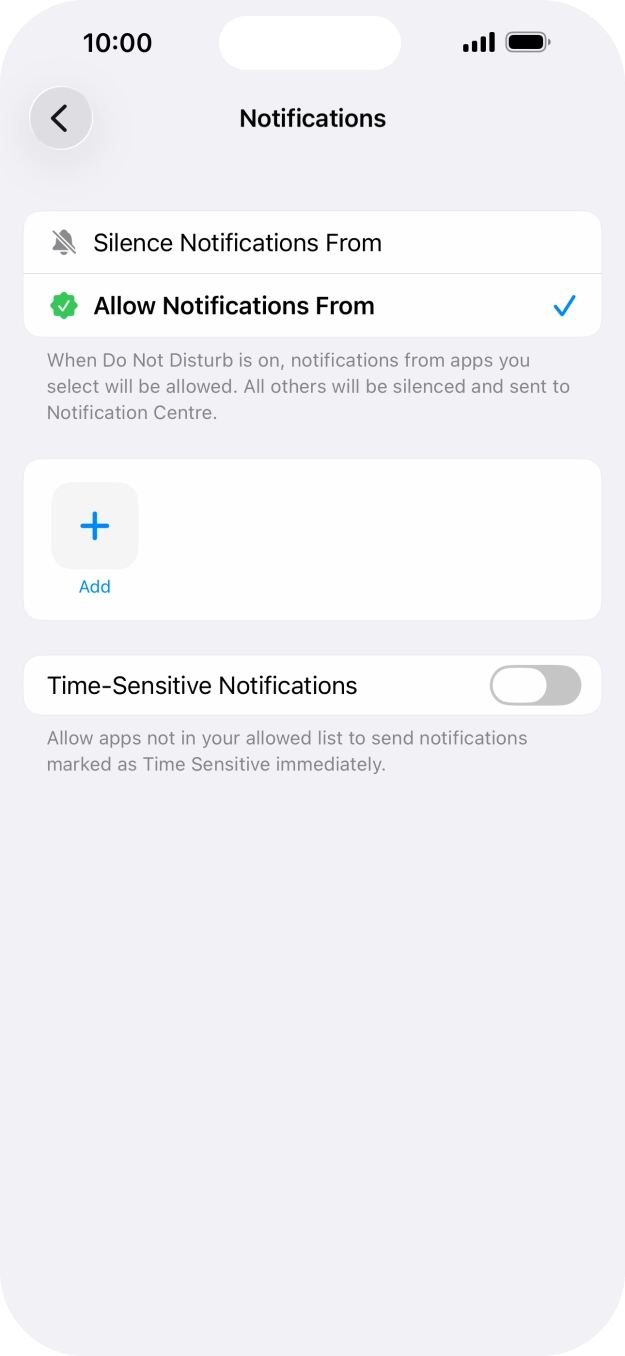 Press the indicator next to 'Time-Sensitive Notifications' to turn display of timed notifications on or off when Do Not Disturb is turned on. Press the indicator next to 'Time-Sensitive Notifications' to turn display of timed notifications on or off when Do Not Disturb is turned on.