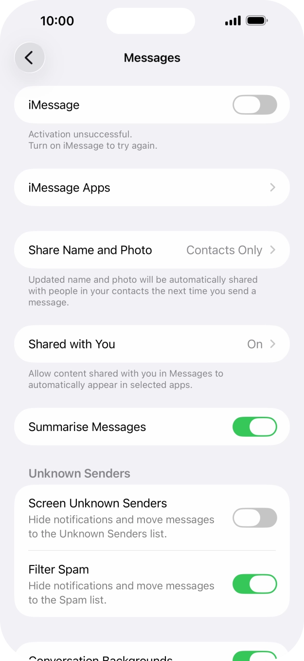 Press the indicator next to 'iMessage' to turn on the function.