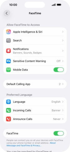 Press the indicator next to 'FaceTime' to turn the function on or off.