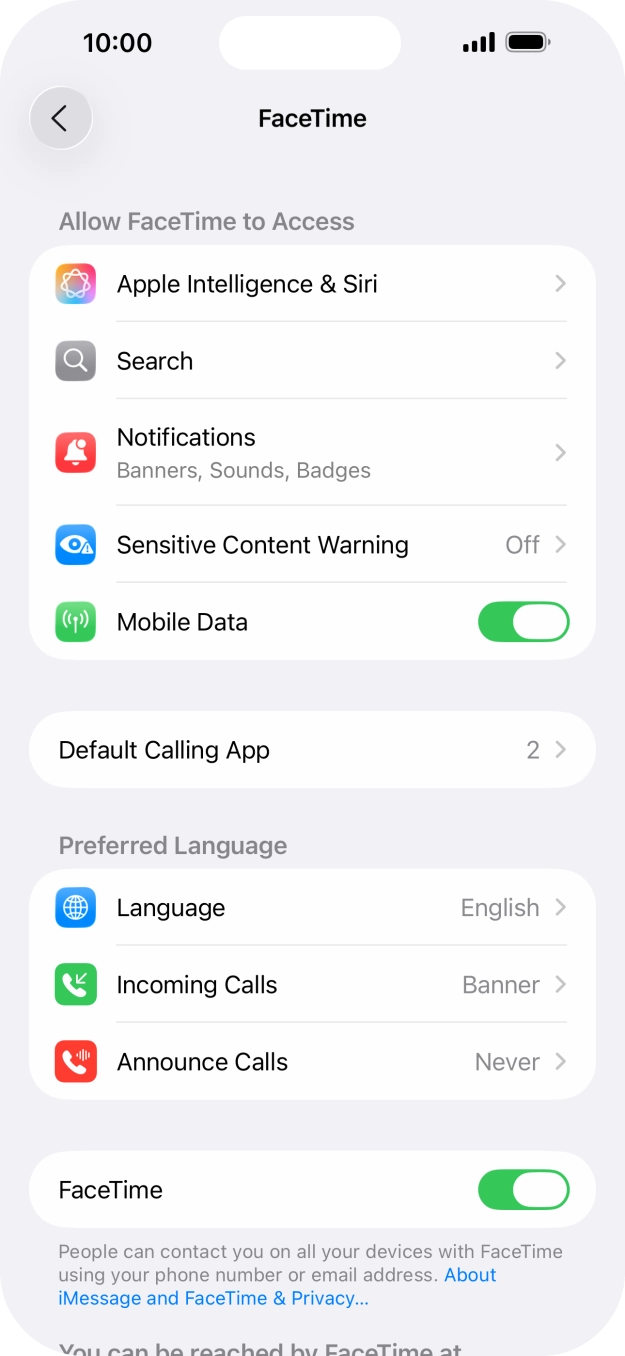 Press the indicator next to 'FaceTime' to turn the function on or off. Press the indicator next to 'FaceTime' to turn the function on or off.