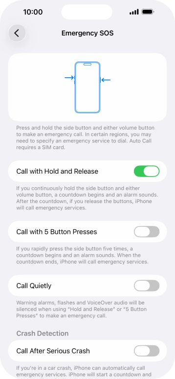 Press the indicator next to 'Call After Serious Crash' to turn on the function.
