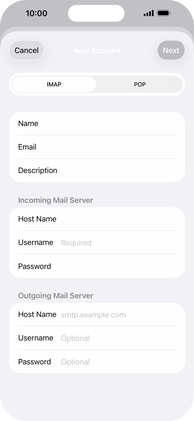 Press Username and key in the username for your email account. Press Username and key in the username for your email account.