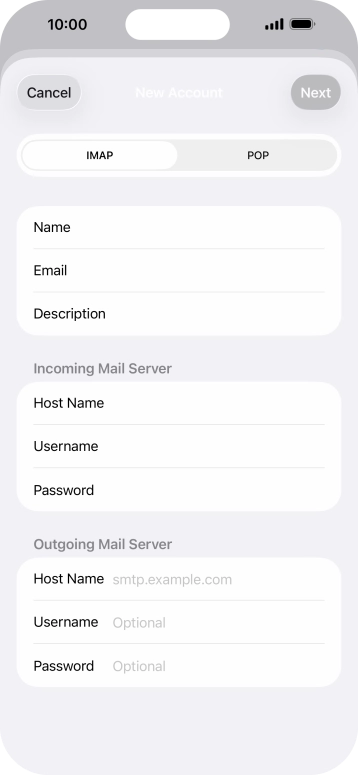 Press Host Name and key in the name of your email provider's outgoing server. Press Host Name and key in the name of your email provider's outgoing server.