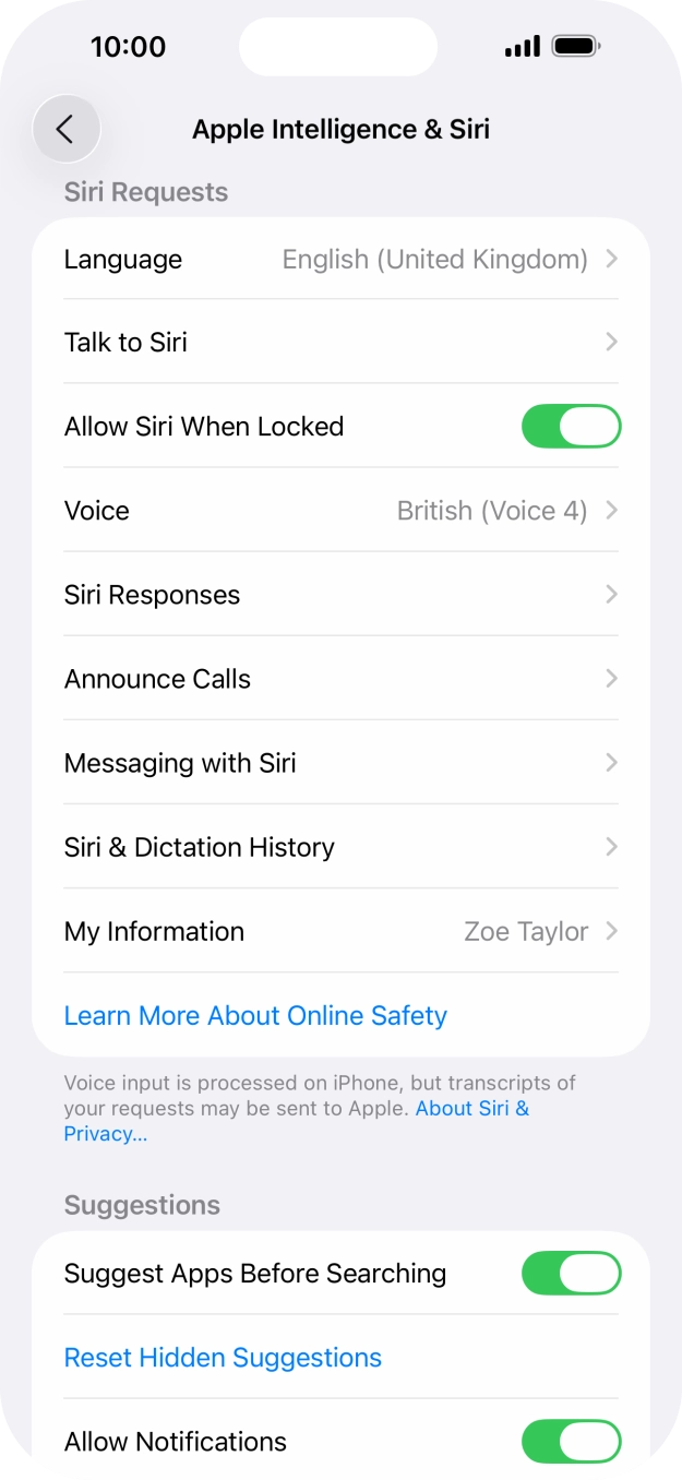 Press the indicator next to 'Allow Siri When Locked' to turn the function on or off. Press the indicator next to 'Allow Siri When Locked' to turn the function on or off.