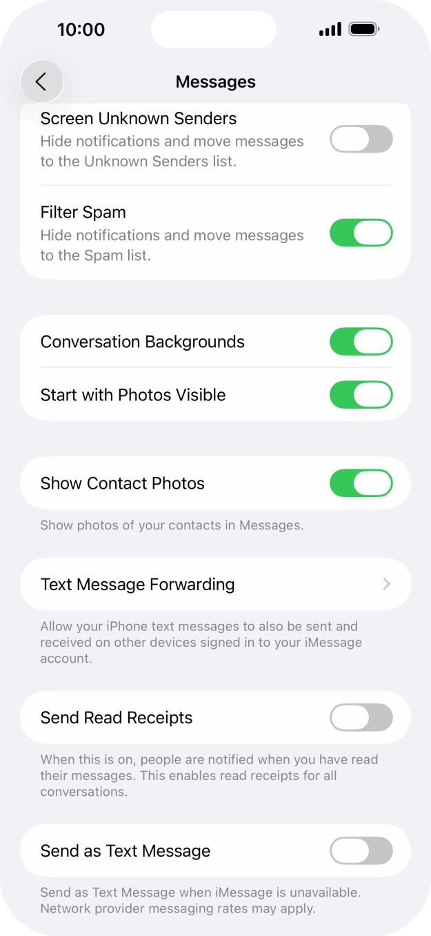 Press the indicator next to 'Send as Text Message' to turn the function on or off.