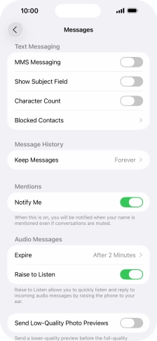 Press the indicator next to 'MMS Messaging' to turn on the function.
