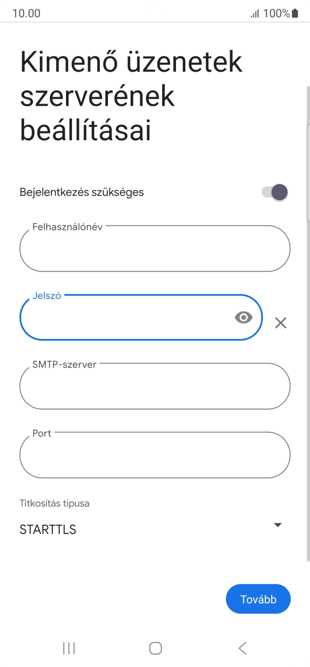 Kattints az „SMTP-szerver” alatti mezőre, és írd be az e-mail szolgáltatód kimenő szerverének a nevét.