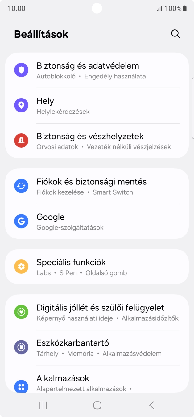 Válaszd a Fiókok és biztonsági mentés lehetőséget.
