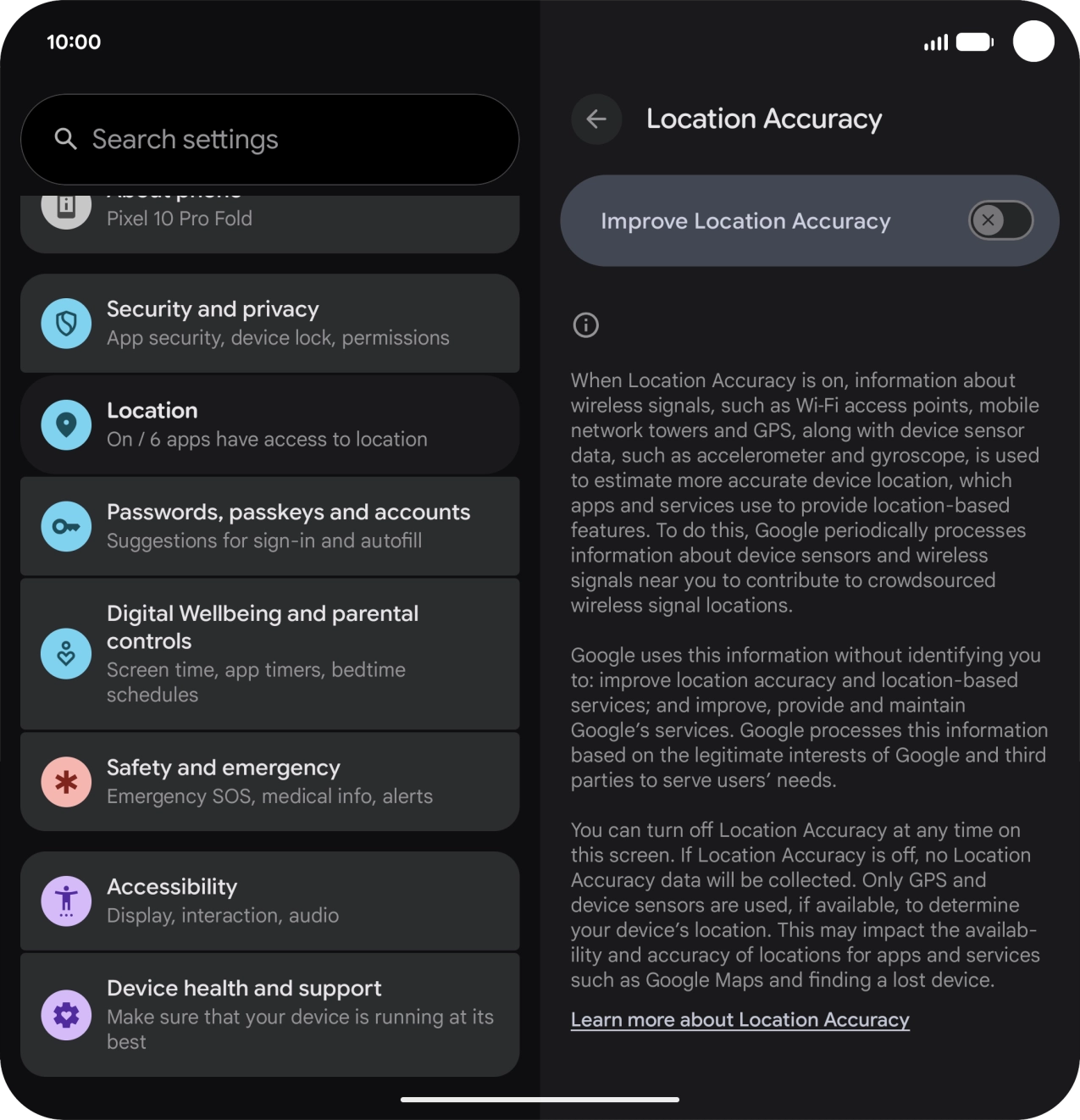 If you press the indicator next to 'Improve Location Accuracy' to turn on the function, your phone can find your exact position using the GPS satellites, the mobile network and nearby WiFi networks. Satellite-based GPS requires a clear view of the sky.