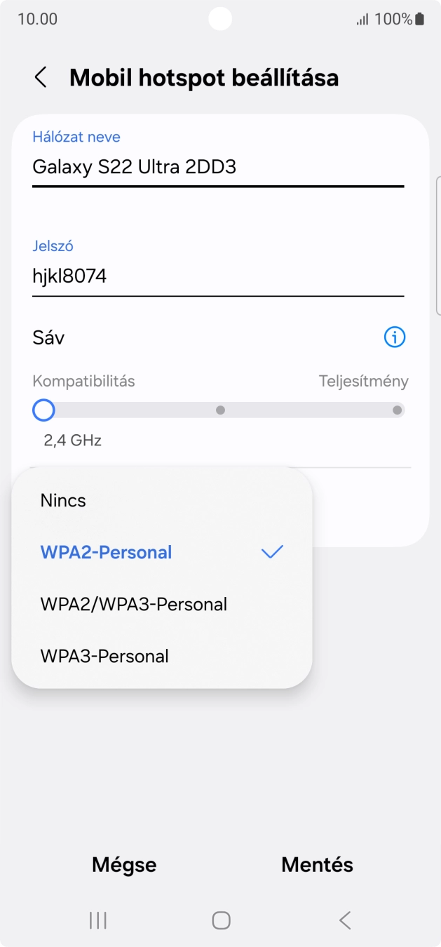 Válaszd a WPA3-Personal lehetőséget, ha jelszóval szeretnéd védeni a Wi-Fi hotspotodat. Válaszd a WPA3-Personal lehetőséget, ha jelszóval szeretnéd védeni a Wi-Fi hotspotodat.