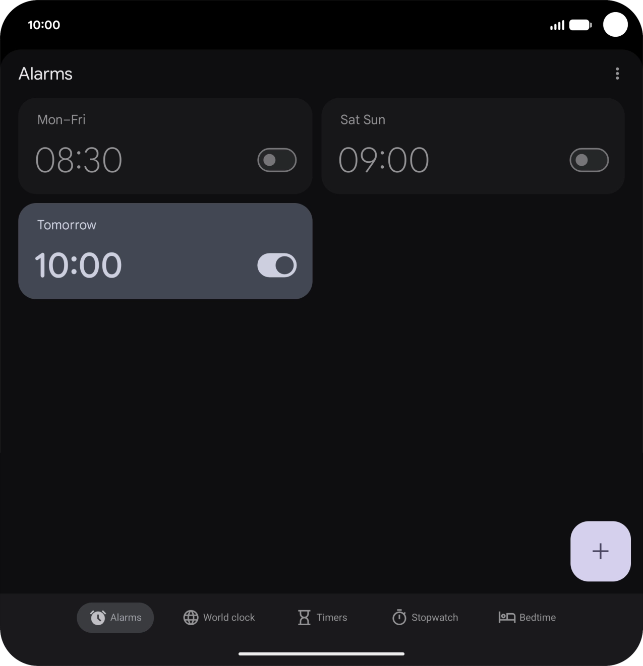 Press the indicator next to the required alarm to turn the alarm on or off.