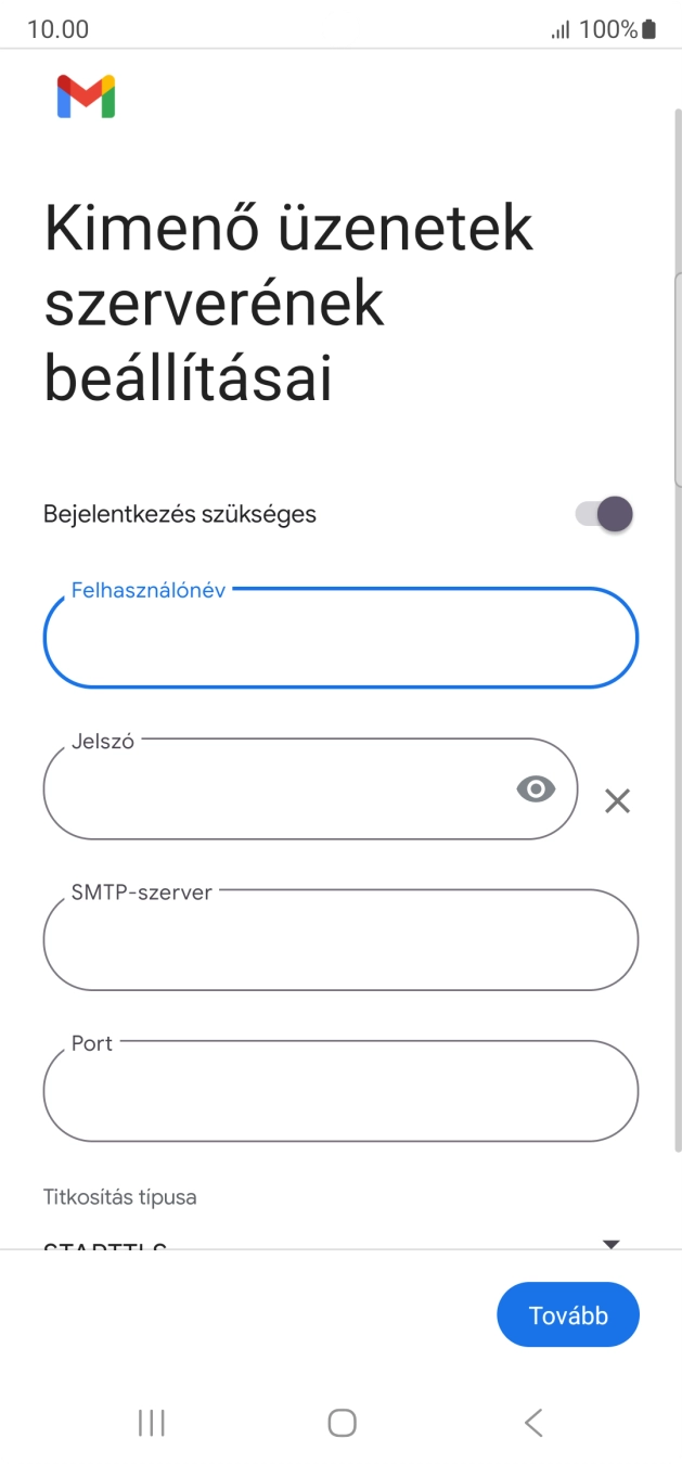 Kattints a „Jelszó” alatti mezőre, és írd be az e-mail szolgáltatód kimenő szerverének jelszavát.