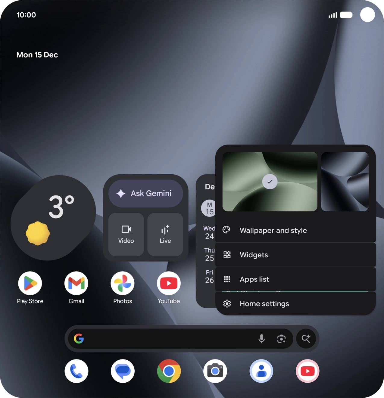 Press the required setting and follow the instructions on the screen to personalise the appearance of the home screen.