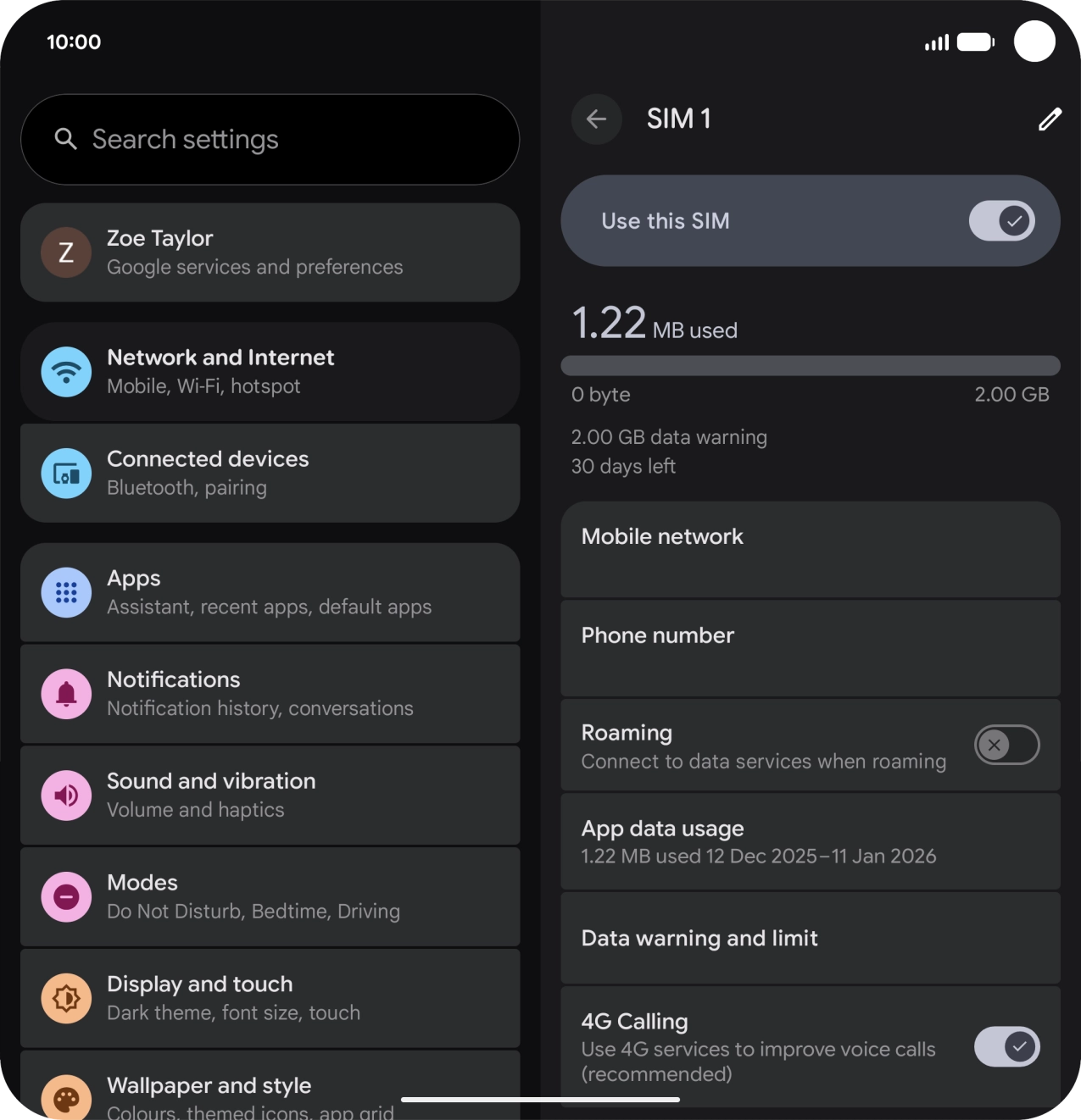 Press the indicator next to 'Roaming' to turn the function on or off.