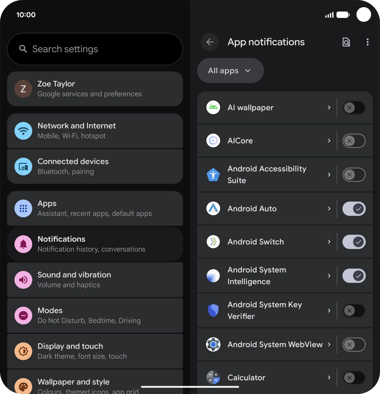 Press the indicator next to the required apps to turn the function on or off.
