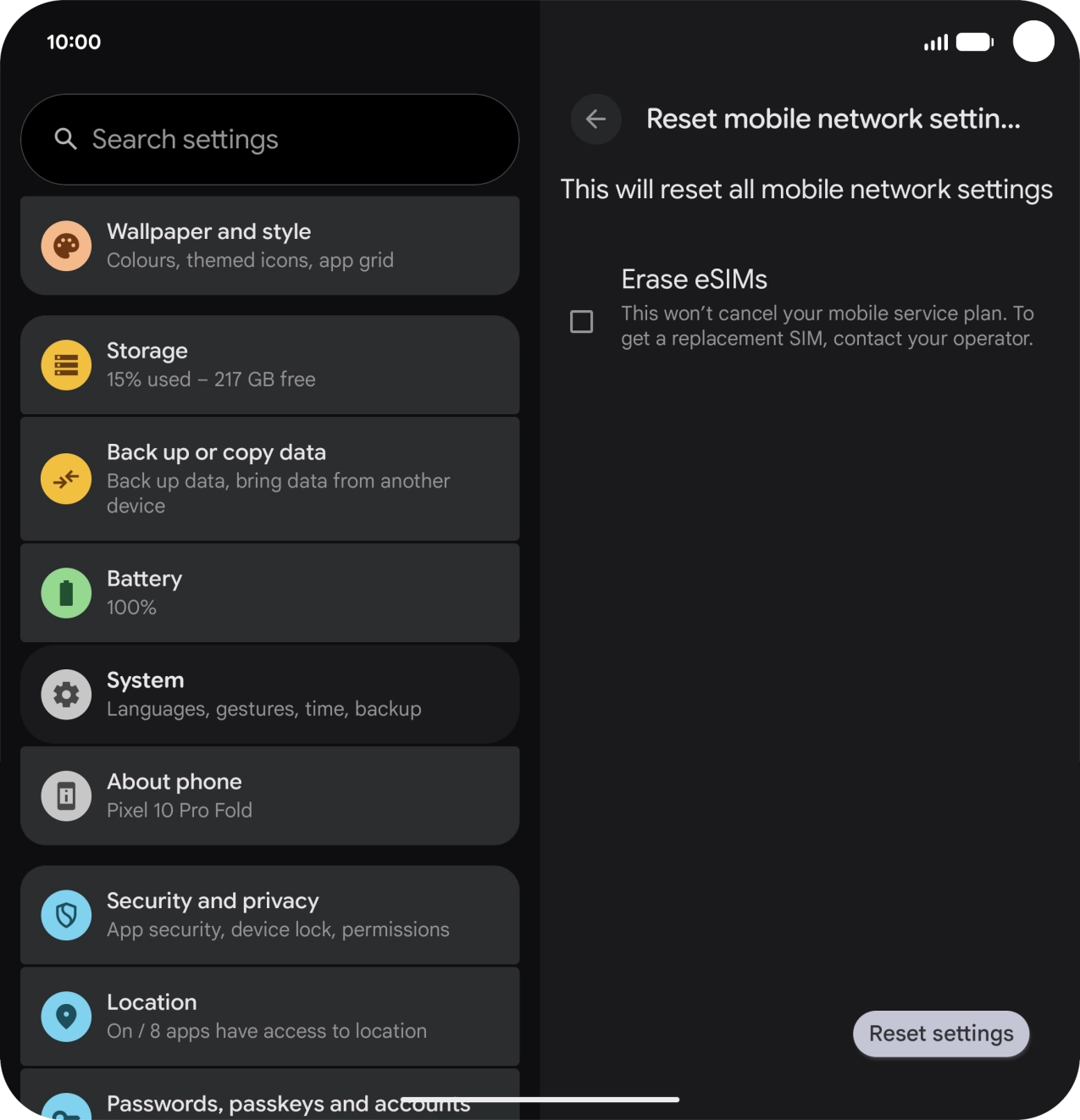 Press Reset settings.