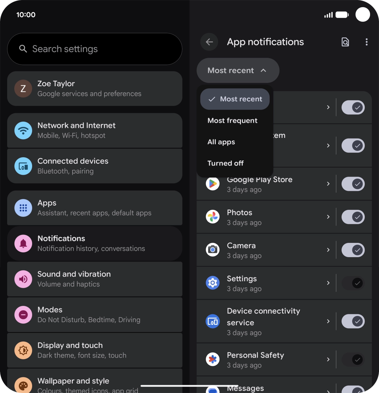 Press the required setting.
