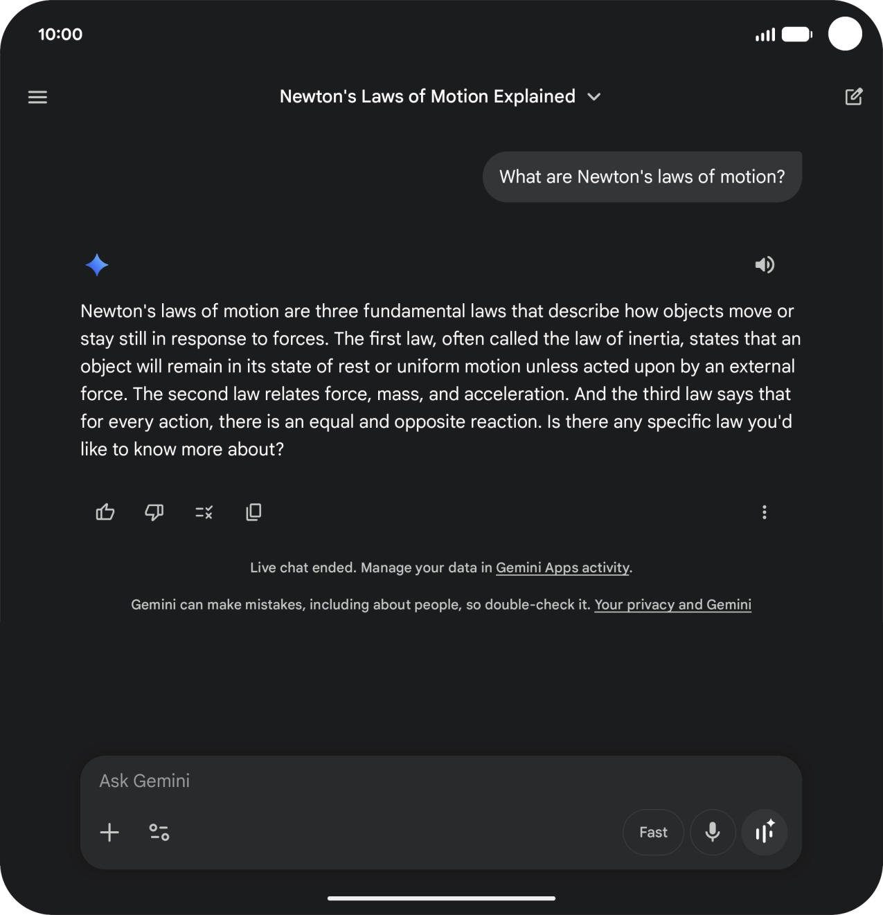 Transcription of the conversation with Gemini Live is now displayed.