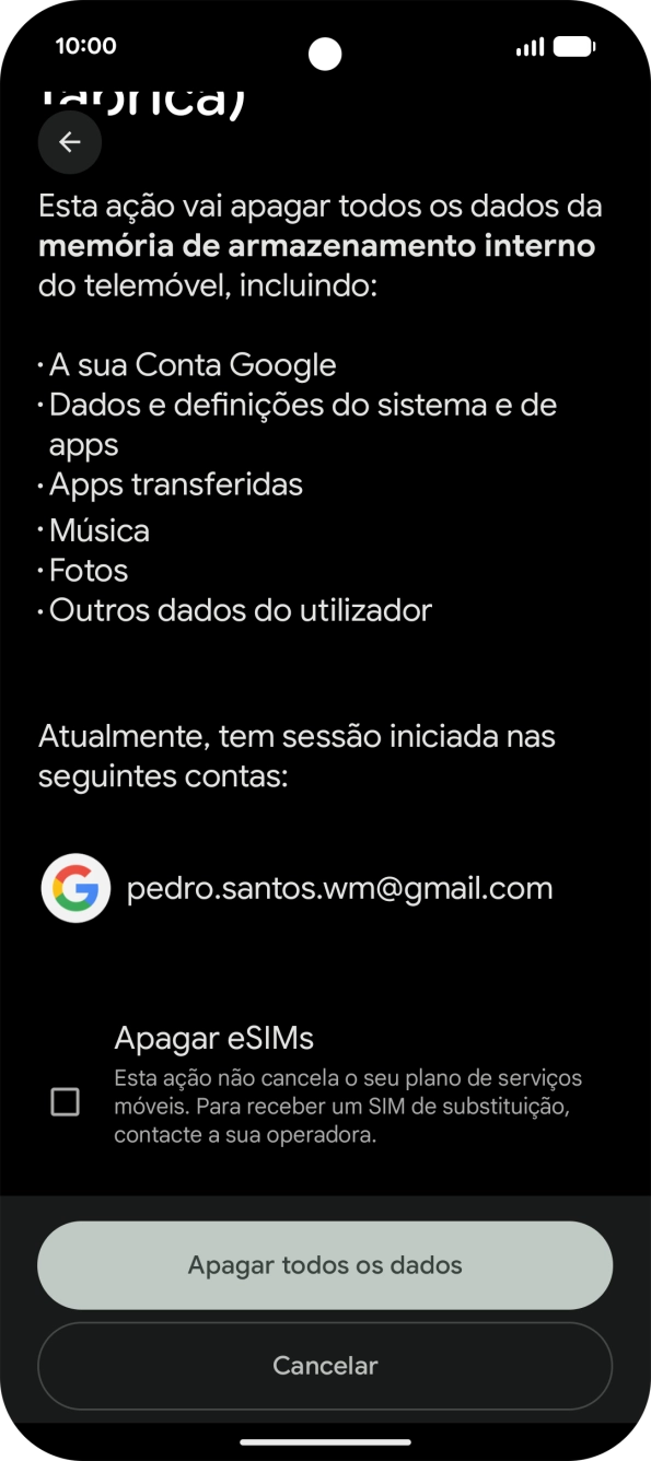 Prima Apagar todos os dados.