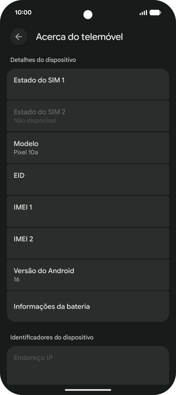 O código IMEI é mostrado no ecrã.