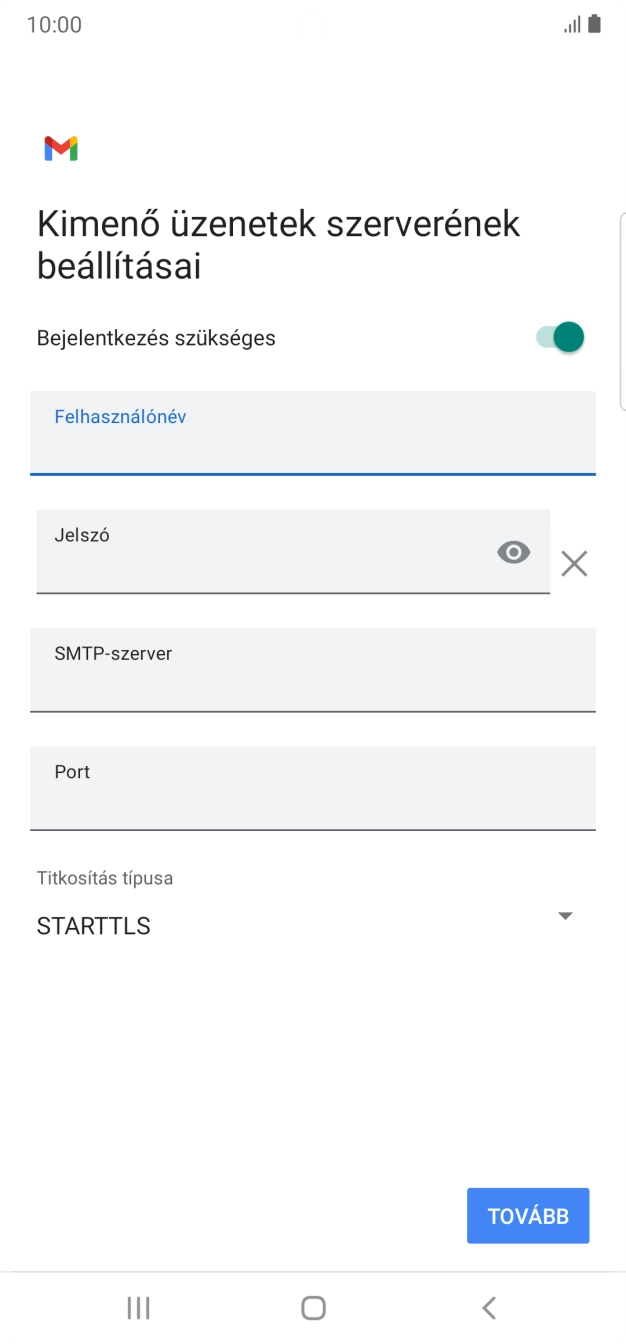 Kattints a „Jelszó” alatti mezőre, és írd be az e-mail szolgáltatód kimenő szerverének jelszavát.