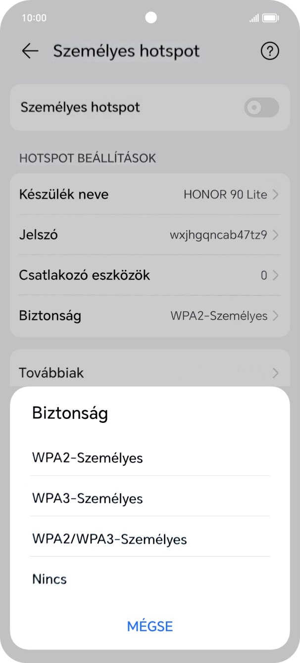 Válaszd a WPA3-Személyes lehetőséget, ha jelszóval szeretnéd védeni a Wi-Fi-hotspotodat. Válaszd a WPA3-Személyes lehetőséget, ha jelszóval szeretnéd védeni a Wi-Fi-hotspotodat.