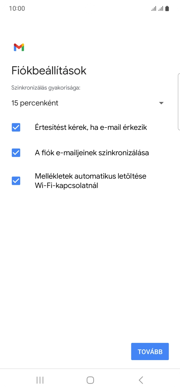 Amennyiben a kijelzőn ez a képernyőkép látható, az e-mail-fiókodat felismerte a rendszer, és automatikusan beállította. Kövesd a képernyőn megjelenő utasításokat  további adatok csatolásához, és fejezd be az új fiók létrehozását.