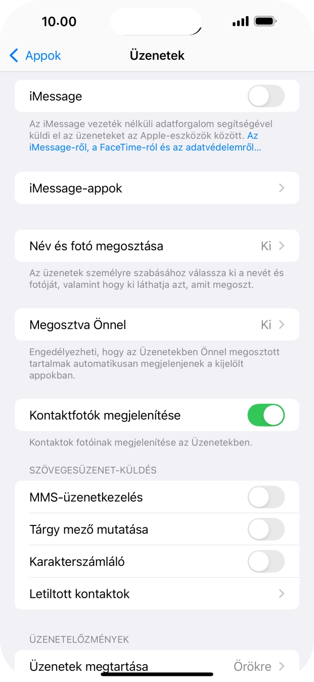 Kattints az „iMessage” melletti csúszkára a funkció bekapcsolásához.