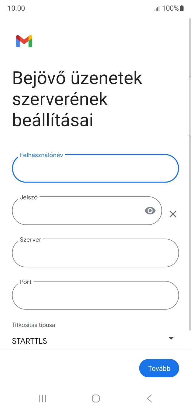 Kattints a „Szerver” alatti mezőre, és írd be az e-mail szolgáltatód bejövő szerverének a nevét.