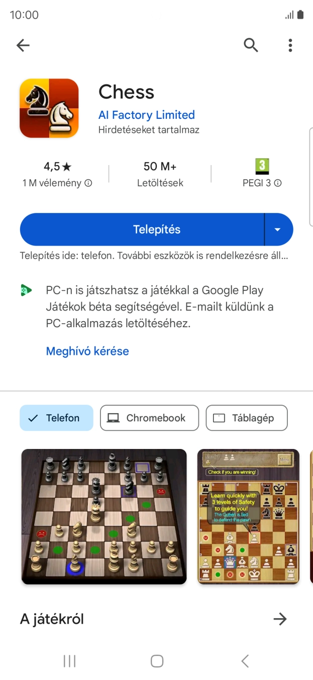 Válaszd a Telepítés lehetőséget, és kövesd a képernyőn megjelenő utasításokat az alkalmazás telepítéséhez. Válaszd a Telepítés lehetőséget, és kövesd a képernyőn megjelenő utasításokat az alkalmazás telepítéséhez.
