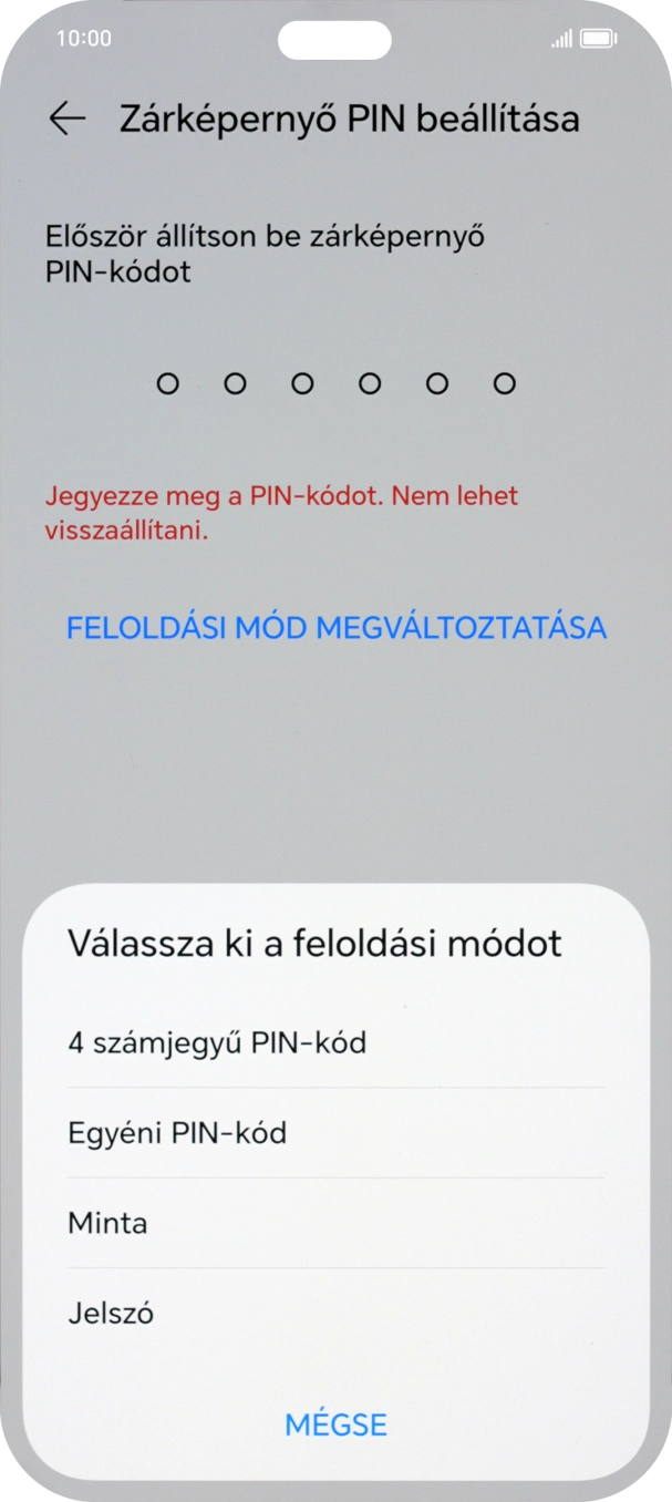 Válaszd ki a kívánt képernyőzárkódot, és kövesd a kijelzőn megjelenő utasításokat egy extra képernyőzár létrehozásához. Válaszd ki a kívánt képernyőzárkódot, és kövesd a kijelzőn megjelenő utasításokat egy extra képernyőzár létrehozásához.