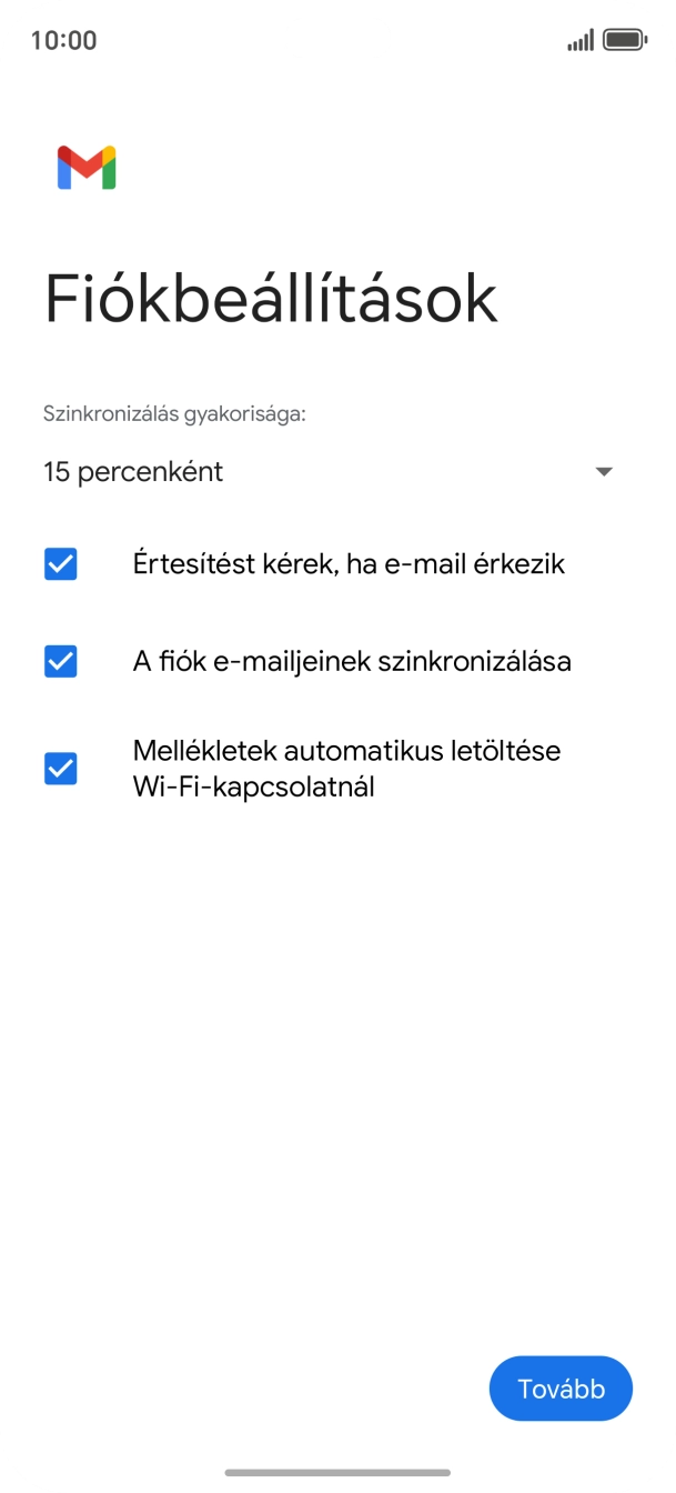 Amennyiben a kijelzőn ez a képernyőkép látható, az e-mail-fiókodat felismerte a rendszer, és automatikusan beállította. Kövesd a képernyőn megjelenő utasításokat  további adatok csatolásához, és fejezd be az új fiók létrehozását.