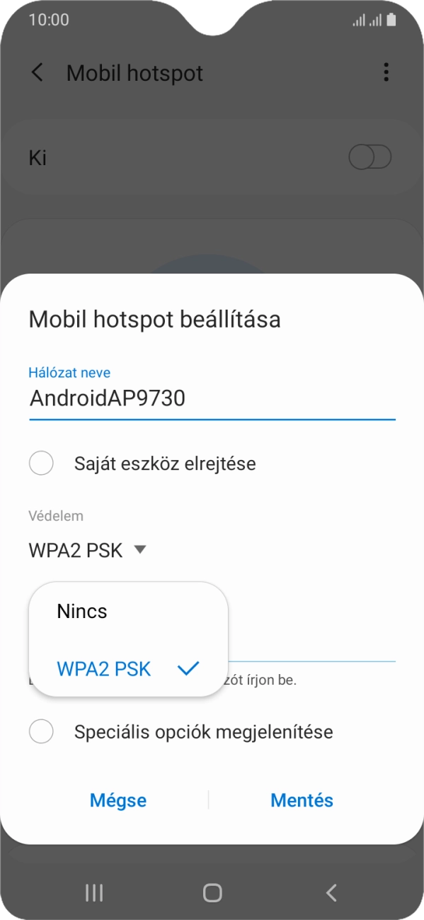 Válaszd a WPA2 PSK lehetőséget, ha jelszóval szeretnéd védeni a Wi-Fi hotspotodat. Válaszd a WPA2 PSK lehetőséget, ha jelszóval szeretnéd védeni a Wi-Fi hotspotodat.