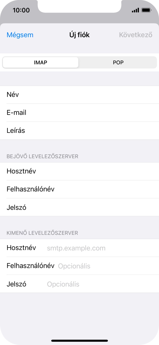 Kattints a Hosztnév mezőre, és írd be az e-mail szolgáltatód kimenő szerverének a nevét.