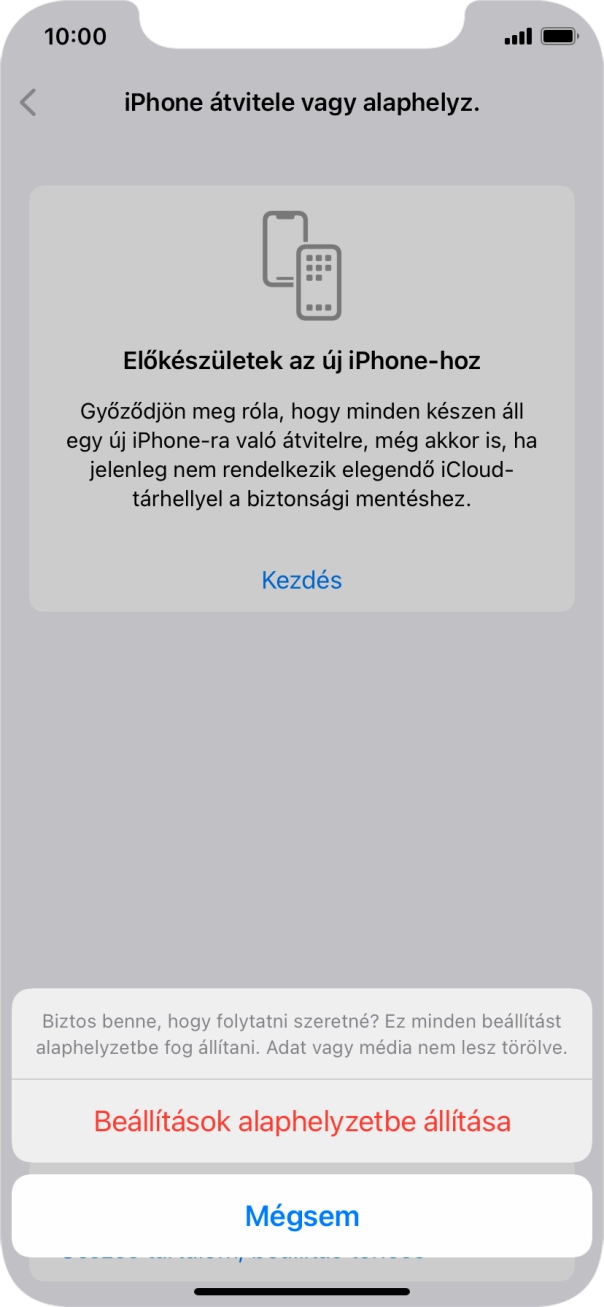 Válaszd a Beállítások alaphelyzetbe állítása lehetőséget. Várj egy kicsit, amíg a telefon visszaállítja a gyári beállításokat. A telefon konfigurálásához és ahhoz, hogy üzemkész állapotba hozd, kövesd a képernyőn megjelenő utasításokat. Válaszd a Beállítások alaphelyzetbe állítása lehetőséget. Várj egy kicsit, amíg a telefon visszaállítja a gyári beállításokat. A telefon konfigurálásához és ahhoz, hogy üzemkész állapotba hozd, kövesd a képernyőn megjelenő utasításokat.