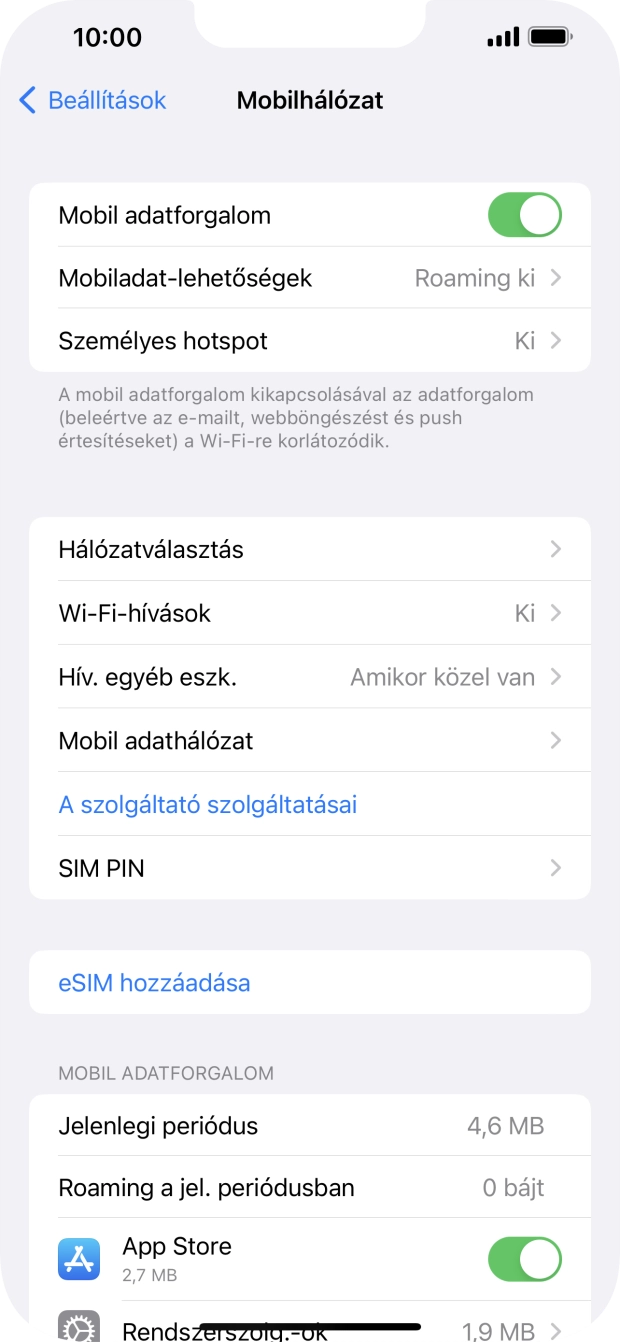 Kattints a „Mobil adatforgalom” melletti csúszkára a funkció be- vagy kikapcsolásához.