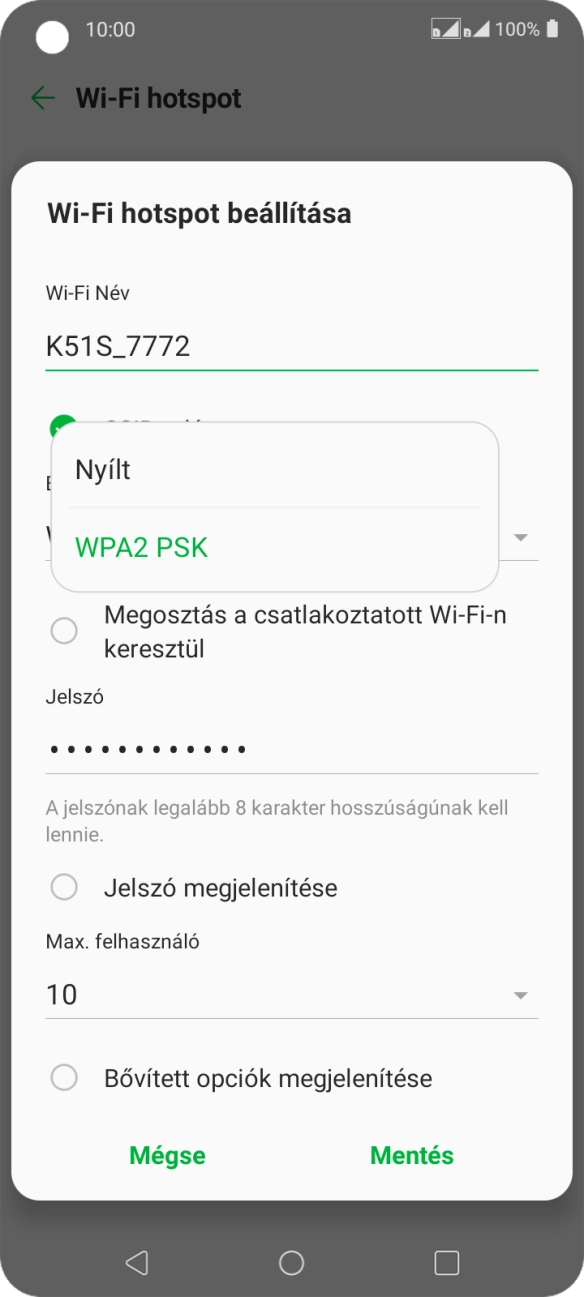 Válaszd a WPA2 PSK lehetőséget, ha jelszóval szeretnéd védeni a Wi-Fi hotspotodat. Válaszd a WPA2 PSK lehetőséget, ha jelszóval szeretnéd védeni a Wi-Fi hotspotodat.