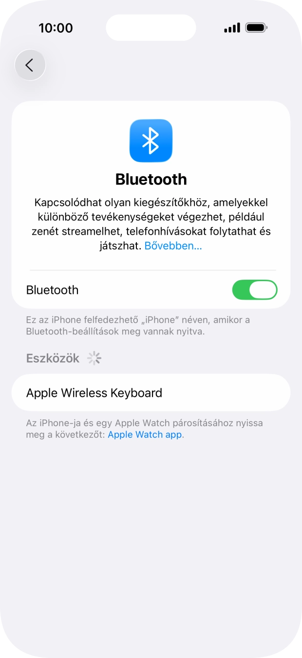 Válaszd ki a kívánt Bluetooth-eszközt, és kövesd a kijelzőn megjelenő utasításokat annak telefonodhoz történő csatlakoztatásához. Válaszd ki a kívánt Bluetooth-eszközt, és kövesd a kijelzőn megjelenő utasításokat annak telefonodhoz történő csatlakoztatásához.